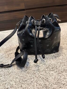 MCM Black Visetos Monogram Drawstring Crossbody Bag